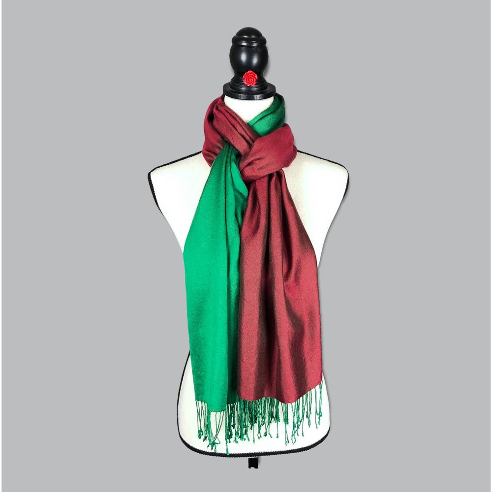 Reversible Tassel Scarf 74.5x20in Red Green Fringe Oblong Womens Rectangle